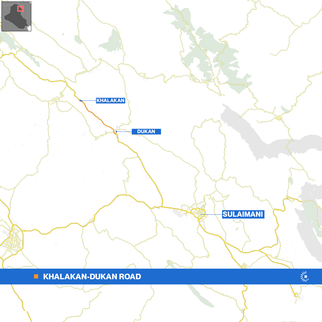 A map showing the Khalakan-Dukan road in Sulaimani province where an unidentified drone targeted a vehicle on August 9, 2023. Graphic: Rudaw